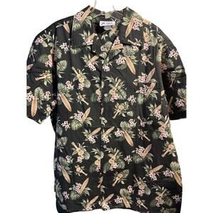 Malihini Vintage Men’s XL Black Floral SS Button Down Cotton Hawaiian Shirt